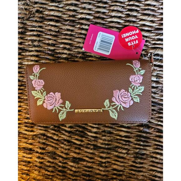 Brown Floral Embroidered Zip Around Full Size Wallet NWT - Picture 1 of 5